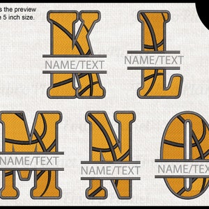 May include: Embroidered basketball-themed letters K, L, M, N, and O, each with a space for custom text. The letters are in orange and black, with a basketball texture. The image shows the preview of the 5-inch size and the availability of 8 sizes.
