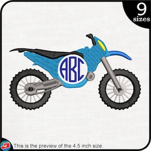 Può includere: Moto da cross blu e nera con un cerchio bianco che contiene le lettere ABC in blu. L'immagine è un'anteprima della dimensione di 4,5 pollici.
