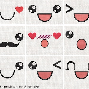 May include: Nine different kawaii emoji faces with various expressions, including hearts, mustaches, and winking eyes. The emojis are black, white, red, and pink.  This is a preview of the 5 inch size. 10 sizes available.