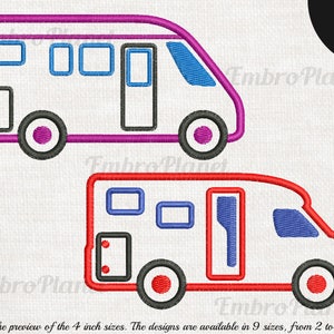 May include: Two cartoon camper van embroidery designs. The top design is pink with blue windows and a red wheel. The bottom design is red with blue windows and a red wheel.