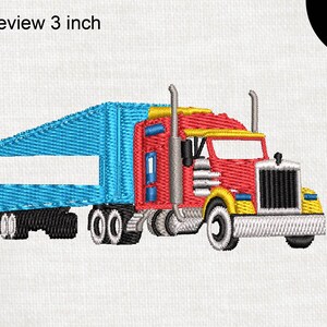 May include: A red and blue semi-truck with a trailer. The truck has a yellow grill and headlights. The trailer is blue and has a white rectangular space.