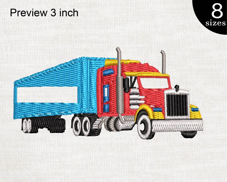 May include: A red and blue semi-truck with a trailer. The truck has a yellow grill and headlights. The trailer is blue and has a white rectangular space.