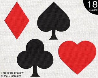 May include: Four playing card suit symbols: a red diamond, a black spade, a black club, and a red heart.  The symbols are on a white background. 18 sizes.