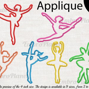 May include: Applique designs featuring ballet dancers in various poses, outlined in red, pink, orange, blue, yellow, and green. The text "Applique" and "9 sizes" are visible. The preview is of the 4-inch size, available in 9 sizes from 2 to 8 inches.