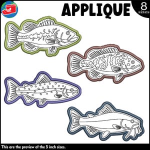 May include: Four embroidered fish appliques in various colors: green, brown, purple, and blue. Each fish has a white outline and detailed stitching. The word "APPLIQUE" is at the top, with "8 sizes" next to it. The text at the bottom says "This are the preview of the 5 inch sizes."