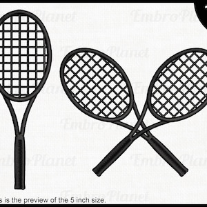 May include: Two black tennis rackets crossed over each other. The rackets have a black string pattern.  The image shows 10 sizes available.