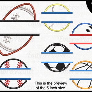 Puede incluir: Un conjunto de 10 diseños de bordado que presentan diferentes pelotas de deporte, incluyendo un balón de fútbol americano, un balón de béisbol, un balón de baloncesto, un balón de fútbol y una bola de bolos. Cada diseño incluye un marco de monograma dividido con dos líneas de texto. Los diseños están disponibles en 10 tamaños.