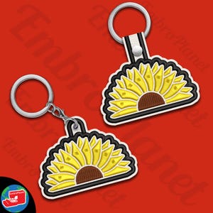 Satin Half Sunflower Snap Eyelet Keychain Digital Item - tab key fob ITH keyring - fit in 4x4 hoop - files for embroidery machine 31ss