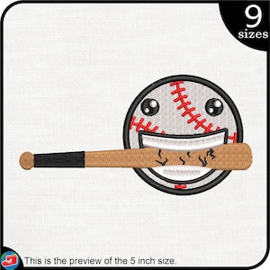 May include: Embroidered baseball design featuring a smiling face and a baseball bat. The baseball is white with red stitching, black eyes, and a black outline. The bat is brown with a black handle. The image includes the text "9 sizes".