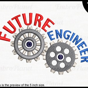 May include: Embroidered design of two gears with the words "FUTURE ENGINEER" in red and blue lettering. The design is available in 10 sizes.