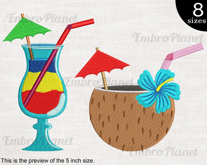 Hawaii Drinks Designs for Embroidery Machine Instant Download digital file stitch sign icon symbol cartoon holiday umbrella drink 548e image 1