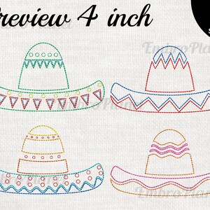 May include: Four embroidery designs of a sombrero hat in different colours and patterns. The designs are 4 inches in size and are available in 9 sizes.