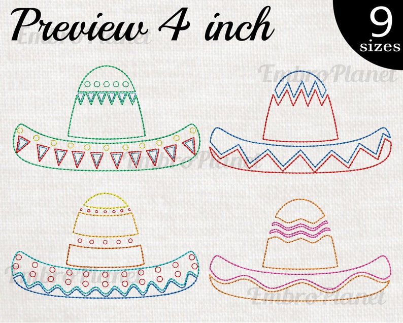 May include: Four embroidery designs of a sombrero hat in different colours and patterns. The designs are 4 inches in size and are available in 9 sizes.