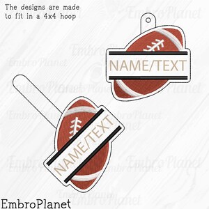 May include: Two embroidered football-shaped designs with the text "NAME/TEXT" on a white and black banner. The designs are made to fit in a 4x4 hoop. The footballs are brown with white stitching.