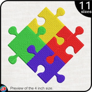 Puzzle Pieces - Design for embroidery machine, Instant Download digital file stitch sign pattern green yellow red blue autism awareness 869e