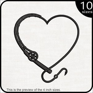 May include: Black and white embroidery design of a fishing hook shaped into a heart. The design is available in 10 sizes.  This is a preview of the 4 inch size.