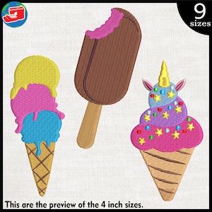 May include: Three embroidered ice cream designs: a triple scoop cone with yellow, pink, and blue ice cream, a chocolate popsicle with a bite taken out, and a unicorn ice cream cone with purple, blue, and pink ice cream.  The designs are available in nine sizes.