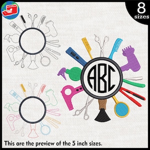 May include: A colourful embroidery design featuring a circle with the letters "ABC" in the centre, surrounded by various hairdressing tools, including scissors, combs, hair dryers, and a spray bottle. The design is available in 8 sizes.