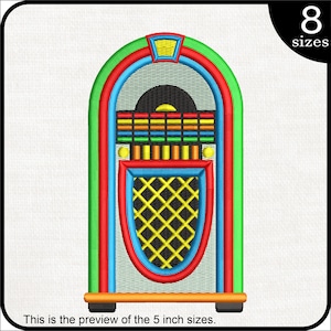 May include: A vintage-style, colorful, red, green, blue, and yellow jukebox with a black record player and a grid pattern on the front.  This is a digital embroidery design available in 8 sizes.