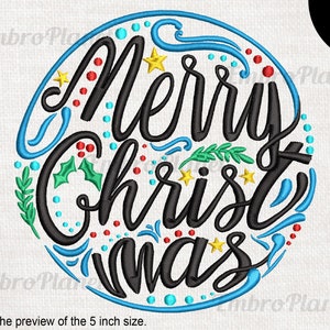 Może przedstawiać: Świąteczny, okrągły wzór z napisem "Merry Christmas" w czarnym skrypcie, ozdobiony niebieskimi, zielonymi, czerwonymi i żółtymi elementami dekoracyjnymi. Projekt zawiera ostrokrzew, gwiazdy i wiry. Widoczny jest tekst "8 rozmiarów".