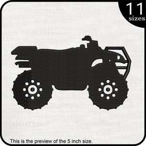Op de afbeelding: Zwarte silhouet van een ATV, of all-terrain vehicle, met grote banden. De afbeelding is een voorbeeld van de 5 inch maat.