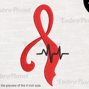 Red Heart Beat Ribbon - Design for Embroidery Machine Instant Download digital file stitch sign icon symbol cartoon awareness pulse 1346e