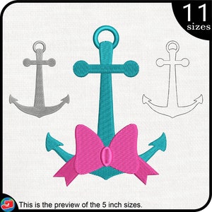 Cute Bow On Anchor - Designs for Embroidery Machine Instant Download digital embroidering files stitch sea ship nautical pink bow 903e