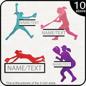 May include: Four different softball player silhouettes in various poses, including pitching, batting, and fielding. Each silhouette is a different color: teal, pink, red, and purple. The text "NAME/TEXT" appears below each silhouette.