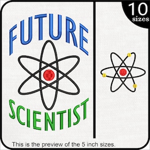以下が含まれることがあります： 青と緑の文字で「FUTURE SCIENTIST」という刺繍デザイン。黒、赤、黄色の原子記号が描かれています。デザインは10サイズ展開です。