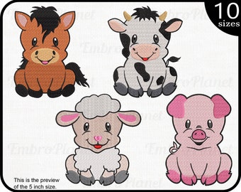 Cute Farm Animals - Designs for Embroidery Machine Instant Download digital file stitch sign icon symbol cartoon sit siting smiling 1470e