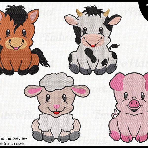 Cute Farm Animals - Designs for Embroidery Machine Instant Download digital file stitch sign icon symbol cartoon sit siting smiling 1470e