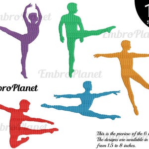 May include: Five different colored silhouettes of dancers in various poses. The dancers are all in a ballet pose. The colors are purple, green, orange, blue, and red.