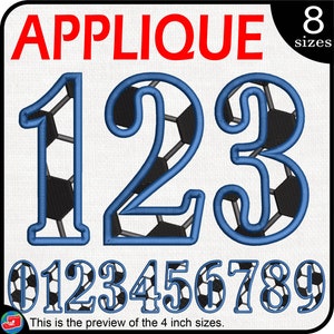 May include: Applique design of numbers 1, 2, and 3 with a soccer ball pattern. The numbers are outlined in blue and the soccer ball pattern is black and white. The image also shows a preview of the numbers 0 through 9 in the same style. The text "8 sizes" is in the top right corner of the image. The text "This is the preview of the 4 inch sizes." is at the bottom of the image.