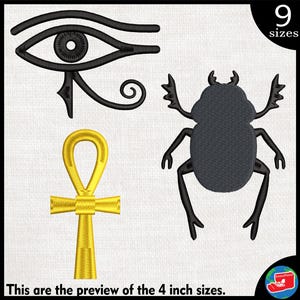 Puede incluir: Un conjunto de cuatro diseños de bordado que representan símbolos egipcios: el Ojo de Horus, el escarabajo y el Ankh. Los diseños son negros y dorados y vienen en nueve tamaños.