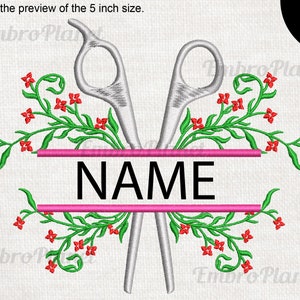 May include: Embroidery design featuring a pair of silver scissors with green vines and red flowers, with the word "NAME" in black text on a pink banner.