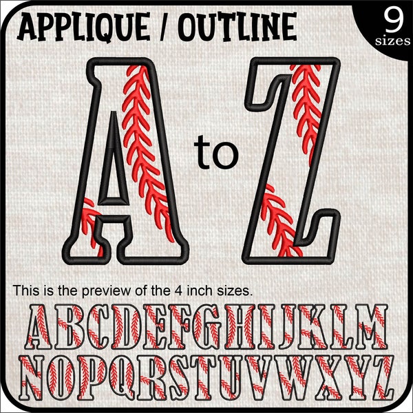 Applique or Outline Baseball Full Alphabet - Designs for Embroidery Machine Instant Download digital files stitch letters A to Z 1825e