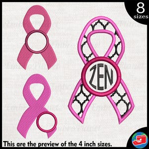 Puede incluir: Diseño de bordado de cinta rosa con un borde de patrón blanco y negro y un círculo en el centro que dice "ZEN". El diseño está disponible en 8 tamaños.