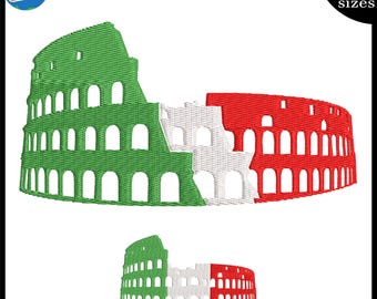 May include: An embroidered design of the Colosseum in the colors of the Italian flag: green, white, and red. The image includes the text "10 sizes" and "This are the preview of the 4 inch sizes."