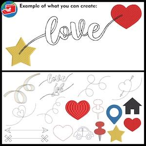 May include: An image showing the word "love" in cursive, linked to a red heart and a gold star. Below, there are line drawings of hearts, stars, arrows, and other shapes. The text "Example of what you can create:" is at the top.