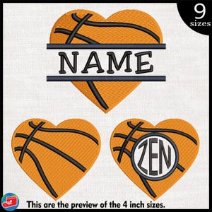 May include: Orange basketball heart with black stitching and a black banner across the middle that says "NAME".