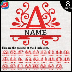 May include: Red embroidered monogram design with the letter "A" and the word "NAME" in black. The design includes decorative flourishes and is available in 8 sizes. The text "This are the preview of the 4 inch sizes" is also visible.