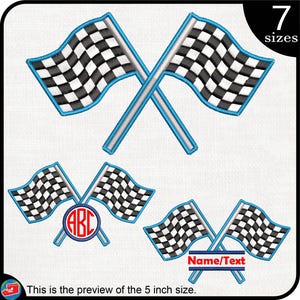 May include: A digital embroidery design featuring a pair of checkered racing flags crossed over each other. The flags are blue and white with black checkered squares. The design includes two variations, one with a monogram and the other with the text "Name/Text".
