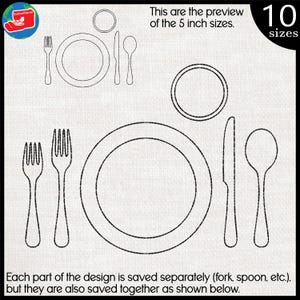 Könnte beinhalten: Strichzeichnung eines Gedecks mit Teller, Gabel, Messer und Löffel. Das Bild enthält den Text "This are the preview of the 5 inch sizes." und "10 sizes". Der Text unten lautet "Each part of the design is saved separately (fork, spoon, etc.), but they are also saved together as shown below."