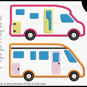 Puede incluir: Dos diseños de bordado de una autocaravana, uno en rosa y amarillo y el otro en naranja y rosa. Los diseños están disponibles en 9 tamaños.
