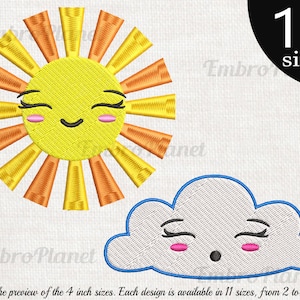 Kawaii Sun and Cloud - Design for Embroidery Machine Instant Download digital file stitch sign icon sleep pattern cartoon yellow face 1042e
