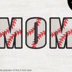 May include: Embroidered design of the word "MOM" with a baseball pattern. The letters are white with black outlines and red stitching. The design is available in 10 sizes.