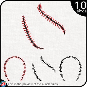 May include: Four different baseball stitch designs in red and black. The designs are in various sizes and shapes, including a curved line, a circle, and a half-circle. The text "10 sizes" is in the top right corner of the image.