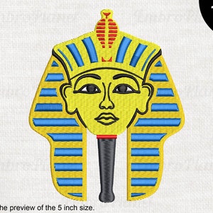 May include: Embroidered design of a yellow pharaoh's mask with blue and red accents. The mask features a detailed face and is surrounded by a headdress. The text "12 sizes" is in the upper right corner. The text "This is the preview of the 5 inch size" is at the bottom.