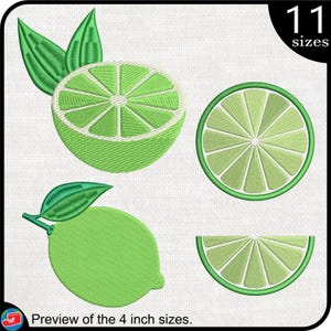 Puede incluir: Un conjunto de cuatro diseños de bordado que presentan una lima en diferentes variaciones: una lima entera, una rodaja de lima, una cuña de lima y una mitad de lima. Los diseños están en tonos verdes.