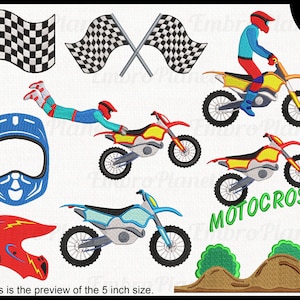 Könnte beinhalten: Ein Set mit neun Stickmotiven zum Thema Motocross, darunter ein Dirtbike, ein Fahrer, ein Helm und karierte Flaggen. Die Designs sind in verschiedenen Größen erhältlich.
